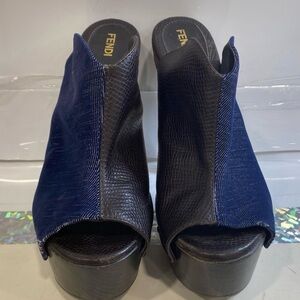 Fendi Zoccolo Denim/Brown Gold Heel Mules
